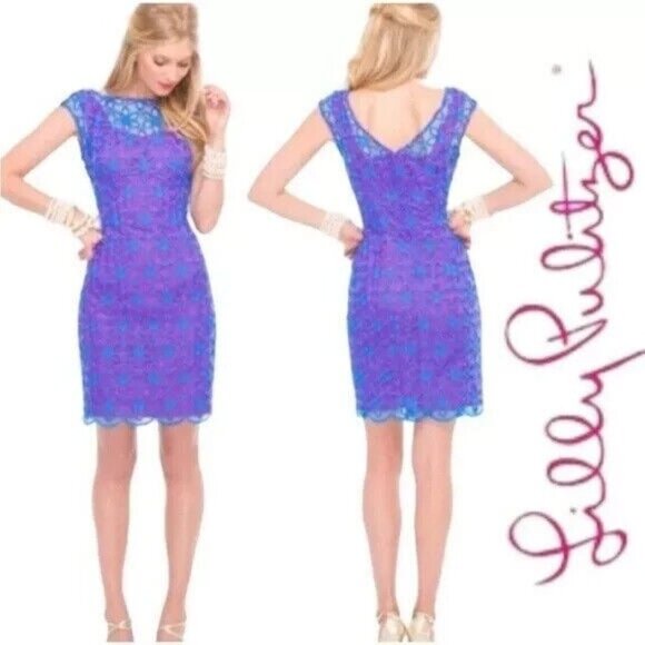 Size 6 Lilly Pulitzer Selna Royce Blue Pink Daisy Floral Eyelet Cocktail Dress - Picture 1 of 7